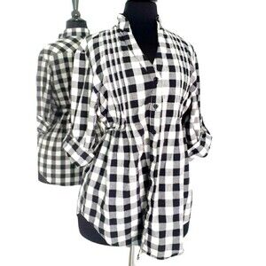 Coupe Collection Black White Plaid Tie Waist Rolltab Sleeves Cotton Shirt M